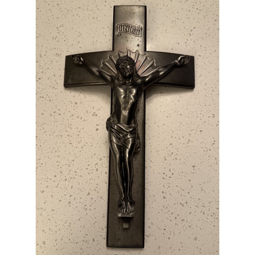 Metallic‎ Crucifix Inri 16" Tall. Looks Vintage Dark Silver Tone